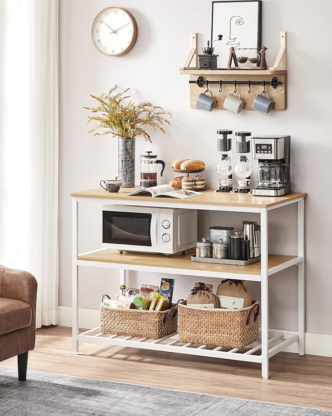 VASAGLE Kitchen Island with 3 Shelves, 47.2 Inches Width Kitchen Shelf with Large Worktop, Stable Steel Structure, Industrial, Easy to Assemble, Oak Color and White UKKI001W09 - Image 4