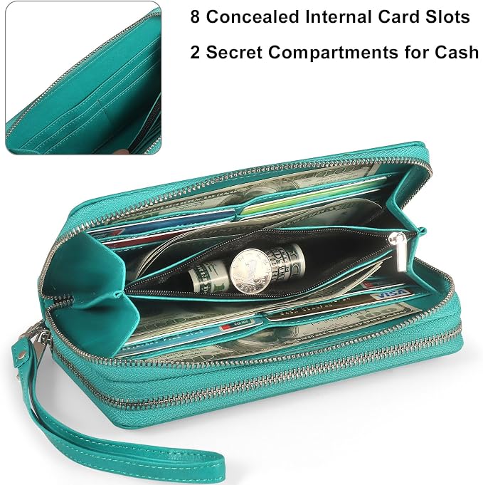 RFID Blocking Cellphone Wristlet Wallet for Women Dual Zipper Large Capacity 17 Card Holder Ladies Phone Clutch Travel Purse with Removable Strap, Turquoise - Image 4