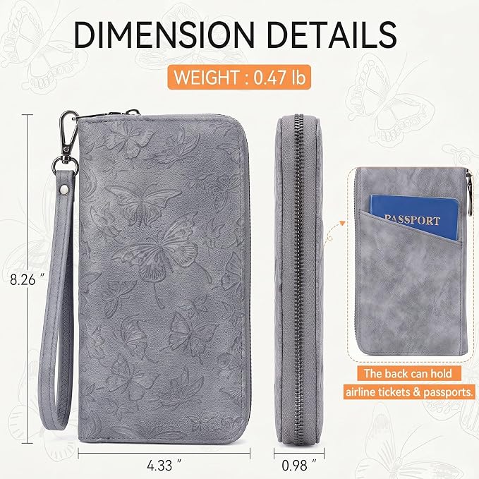BELTANA Wallet Women RFID Blocking Large Capacity Wristlet Wallets for Women Butterfly Embossed Vegan Leather Clutch Purses with Card & Passport Holder (Blue-Butterfly) - Image 3