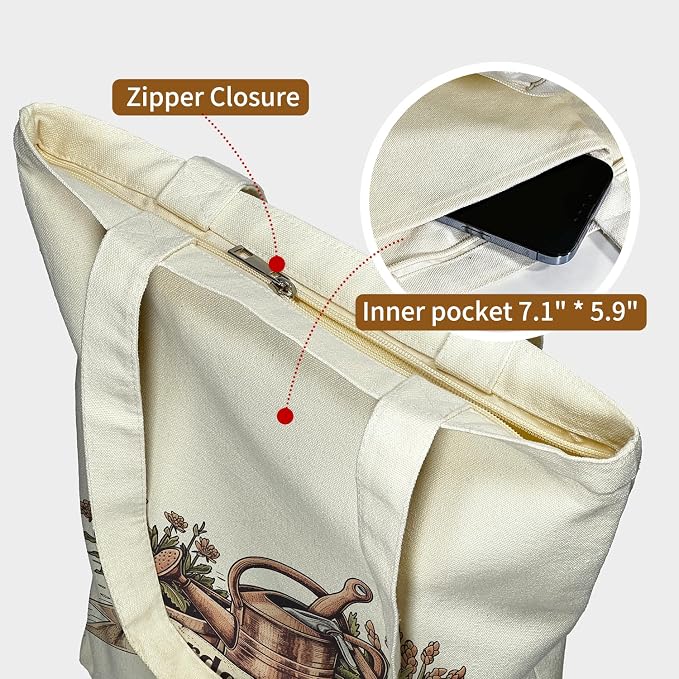 itgowisa Canvas Tote Bag for Women, Tote Bag with Zipper Inner Pocket, Zippered Canvas Bag for Shopping Work Grocery Everyday - Image 6