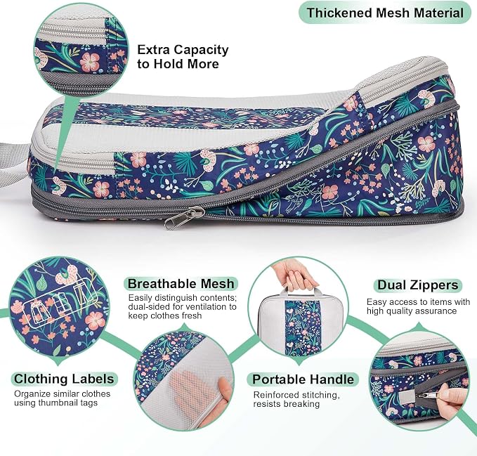 OlarHike 6 Set Compression Packing Cubes for Travel Essentials,Compressible Expandable Space Saver Bags for Organizing Clothes,Luggage Garment Bags with Over 1000 pcs Mesh Holes(Dark Blue Floral) - Image 5