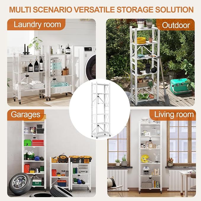 6-Tier Foldable Storage Shelves with Wheels, Folding Metal Shelf Unit | Folding Bookshelf no Assembly, Collapsible Shelves for Craft Shows for Kitchen, Bedroom, Living Room, White - Image 8