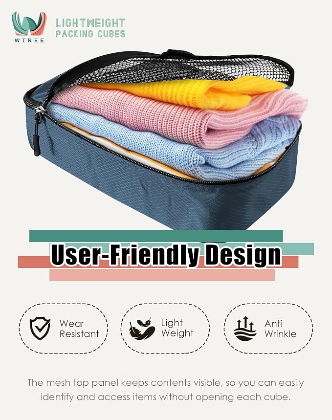 WTREE 4-Piece Packing Cubes Travel Accessories Set for Suitcases - Luggage Organizer Bags with Double Zipper - Mesh Top - Medium - Dark Blue - Image 3