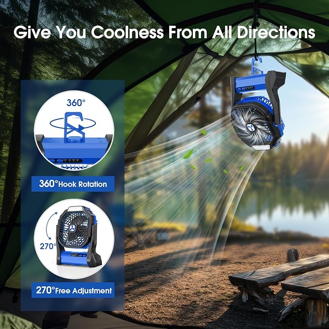 Portable Rechargeable Fan, 20000mAh Cordless Battery Powered Camping Fans | with LED Lantern Operated Outdoor Ventiladores for Travel Tent Camp Fishing Office Home Essentials Blue - Image 4