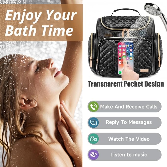 Large Leather Toiletry Bag for Women Men,Bathroom Bag,Water Resistant Shower Bag,Makeup Bag,Portable Shower Caddy for College Dorm,Hanging Travel Toiletry Bag with Transparent Waterproof Phone Pocket - Image 3