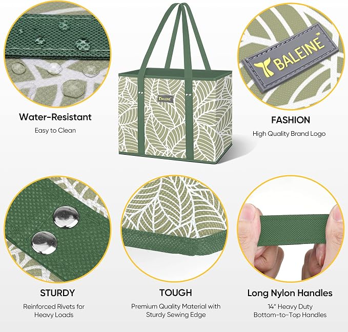 BALEINE 1PK Reusable Grocery Bags, Heavy Duty Shopping Tote Bag | 12'' Long Handles, Reinforced Bottom Keeps Upright, Fold Flat Storage, Water-Resistant Shopping Bag, Multiple Color Options - Image 3