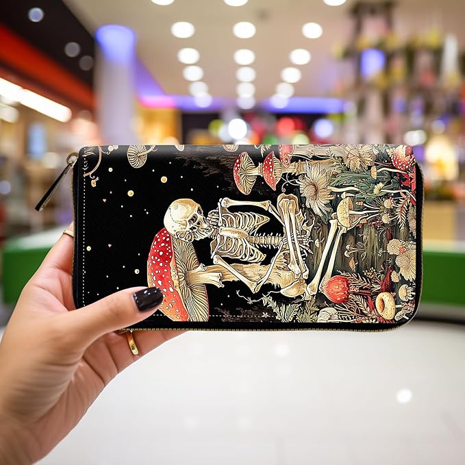Wallet,Leather Long Wallet Suitable For Ladies And Teenagers - Detachable Wristband + RFID Travel Wallet With Card Slot - Mushroom Skeleton - Image 4