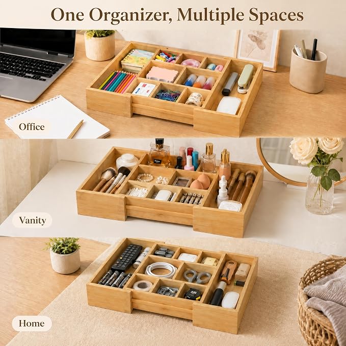 Bamboo Drawer Organizer Expandable Desk Storage Set, 10 Adjustable Compartment Junk Drawer Divider and Trays Containers for Kitchen Utensil, Office Supplies, Makeup, Jewelry & Cosmetics Organization - Image 7