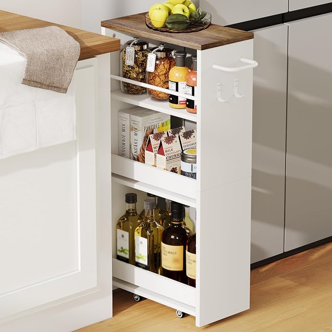 ChooChoo 4-Tier Slim Storage Cart, 7.87 inches Wide Narrow Storage Cabinet with 360° Wheels and 2 Hooks, Space-Saving Organizer for Kitchen, Narrow Places, Dining Room, Walnut+White by ChooChoo