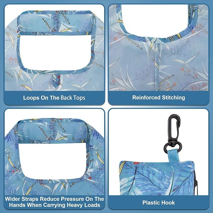 HOLYLUCK Reusable Grocery Bags,Heavy Duty Foldable Shopping Tote Bag (Standard, Blue leaves) - Image 4