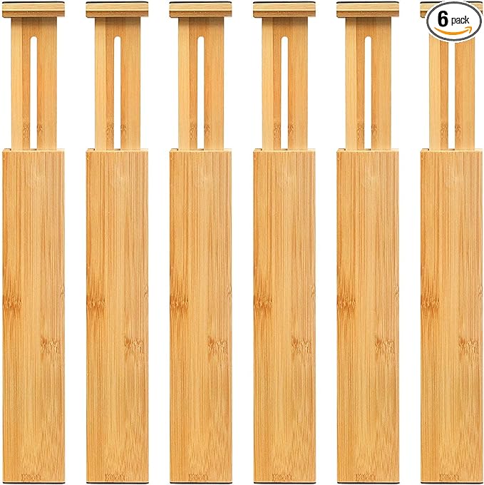 VaeFae 6-Pack Adjustable Bamboo Drawer Dividers, Expandable Drawer Organizer for Kitchen Utensils, Clothes, Bathroom, Office – Fits Drawer Interiors 16.6" to 21.8" by VaeFaeDirect
