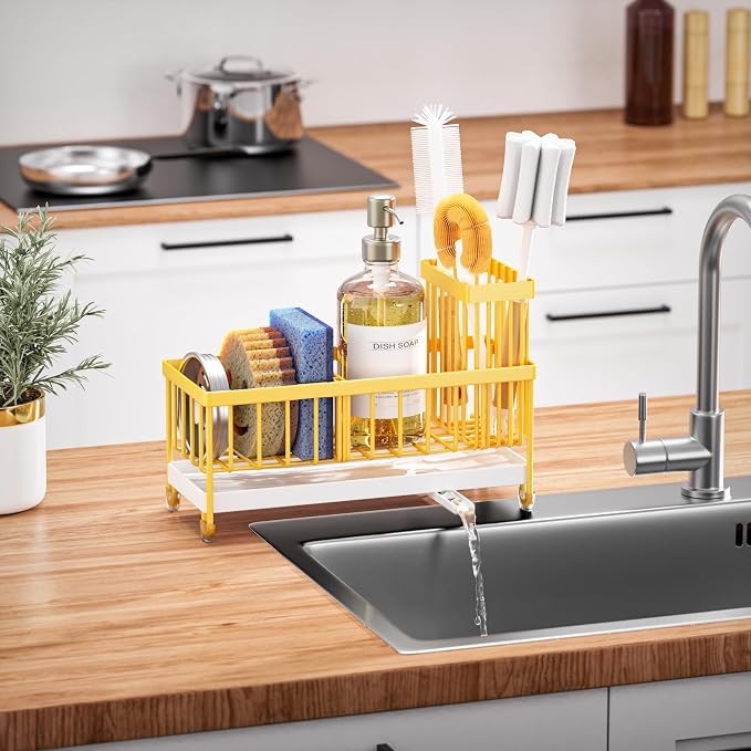 Cisily Sponge Holder for Kitchen Sink, Sink Caddy Organizer with High Brush Holder, Kitchen Countertop Organizers and Storage Essentials, Rustproof 304 Stainless Steel (Yellow, 9.25″) - Image 7