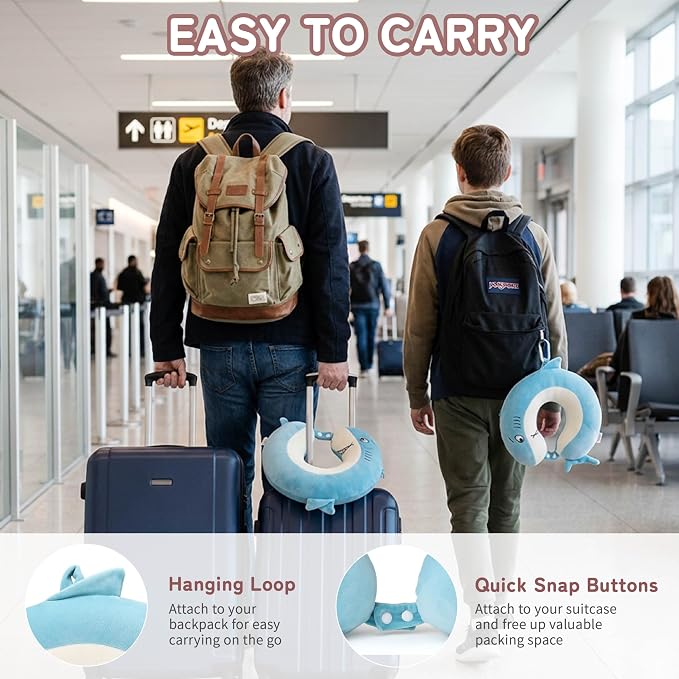 Memory Foam Kids Travel Neck Pillow for Ages 9+, Removable Cover, Shark | Machine washable, 17 in neck size for teens and adults, 360-degree head and chin support, car and airplane use - Image 5