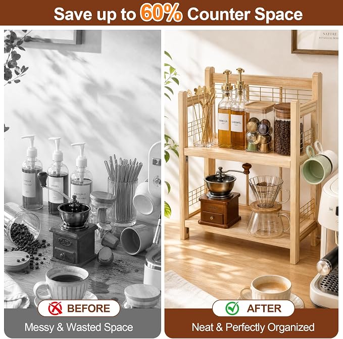 No-Assembly Coffee Bar Organizer, 2-Tier Coffee Station Shelf | Foldable Oak Wood Shelf, Coffee Station Accessories Storage for Syrup & Pod, 3 Hooks for Mugs, Kitchen Condiment Rack Natural - Image 5