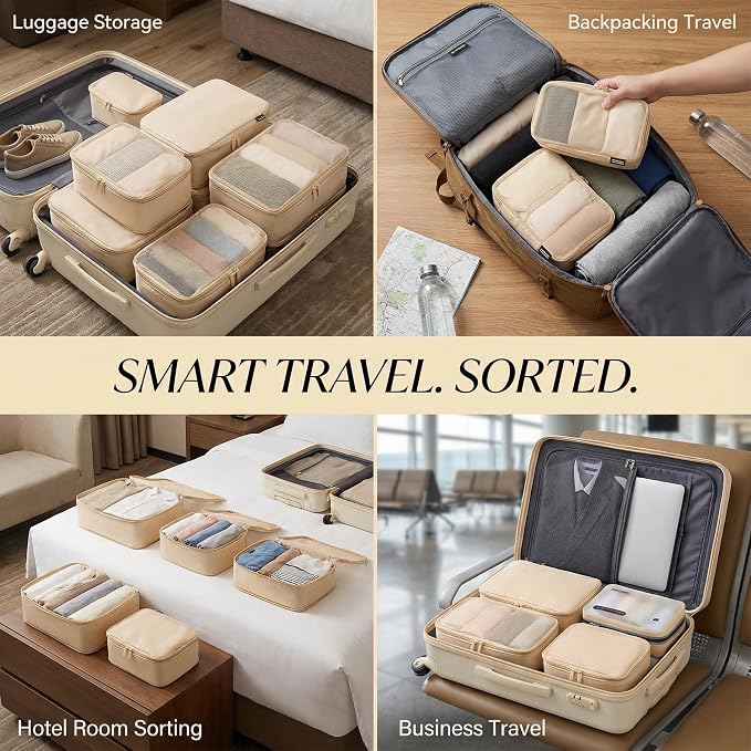 6 Set Compression Packing Cubes for 7–14 Day Travel, Mist Khaki | Nylon Oxford Fabric, Full Breathable Mesh, Reinforced Double-Zipper, Small to Large Size Bag, Expandable Packing System - Image 5