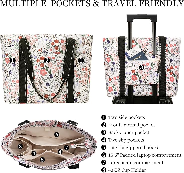 Tote Bag for Women with Laptop Compartment & Cup Holder,Nylon Bag for Work,Travel,Gym,Beach,Teacher,Nurse,School,Mom - Image 4