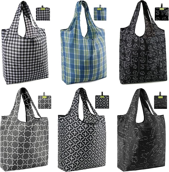 BeeGreen Reusable Shopping Bags Cute Grocery Bag 6 Pack, Reusable Gift Bags Heavy-Duty Foldable Shopping Totes for Supermarket, Work & Travel, Large Washable Polyester Tote Bag with Handles by BeeGreen