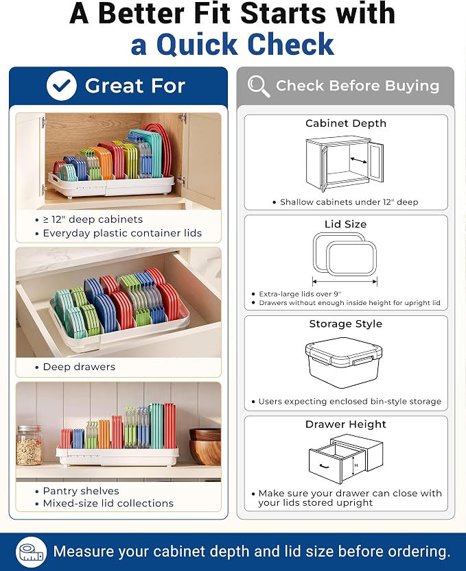 EVERIE Expandable Food Container Lid Organizer for Cabinet, Fits 12-Inch Deep or Deeper Cabinets , Adjustable 13.4" to 20.5", 8 Adjustable Dividers for lids , Drawer, Pantry and Kitchen Storage - Image 9