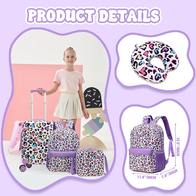 Kids Luggage Sets 5 Piece Rolling Suitcases with Wheels for Girls Hardshell Travel Suitcase Set 16'' Purple Luggage for Kids - Image 3