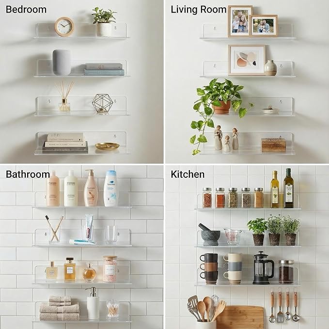 Clear Acrylic Floating Shelves, No Drill Wall Shelves, 2 Pack | Clear Acrylic Design; 2 Pack Wall Shelves; Adhesive or Screw Mount; No Drill Option; 12 lb Max Load - Image 7