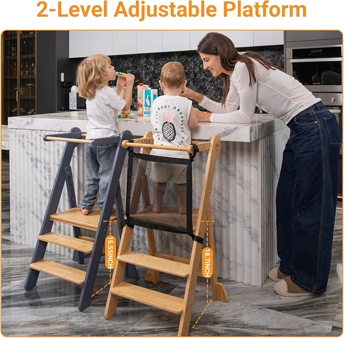 COSYLAND Toddler Standing Tower Foldable Toddler Kitchen Step Stool | Adjustable Height Folding Step Stool for Kids Learning and Cooking - Ages 18 Months to 6 Years with Safety Net Natural - Image 4