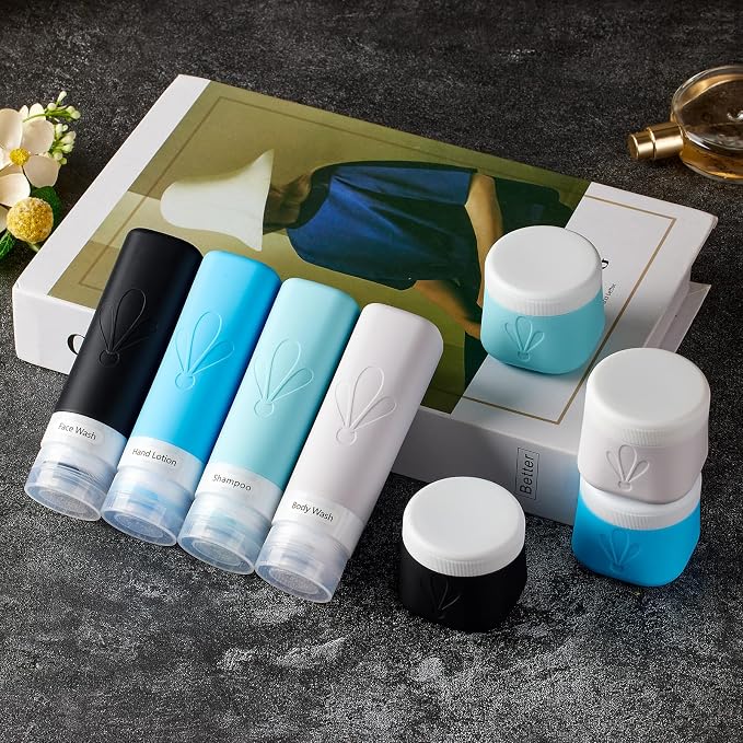 INSFIT travel bottles for toiletries 8 Pack, Leak proof Travel Size Toiletries Containers with toiletry bag, Squeezable Silicone Bottles & Cream Jars, Travel Essentials BPA-Free kit for Shampoo - Image 5
