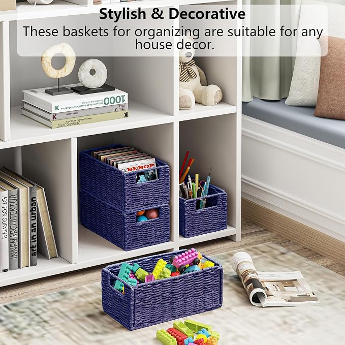 Wicker Storage Basket, Set of 2 Hand-Woven Paper Rope Wicker Basket, Small Storage Baskets for Organizing Toilet Paper, Foldable Small Cube Organizer Bins for Shelves (Purple) - Image 7
