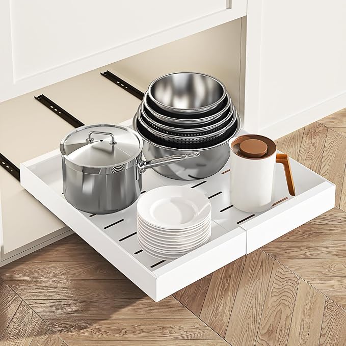 Pull Out Cabinet Organizer Expandable 12.6"-20.4"Wx 21"Deep,1 Pack | Upgraded 3 Quiet Slide Rails, Nano-Film Adhesive Fixing, White, Fit Kitchen/Living Room/Bathroom/Vanity by LEGUANG