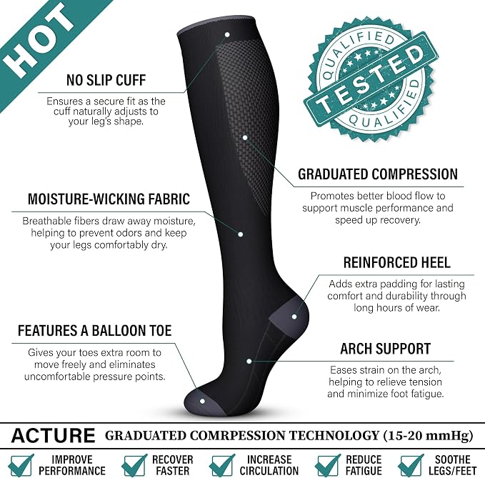 Acture 6 Pack Compression Socks for Women and Men - Knee High for Medical, Running, Nurses, Travel - Image 6