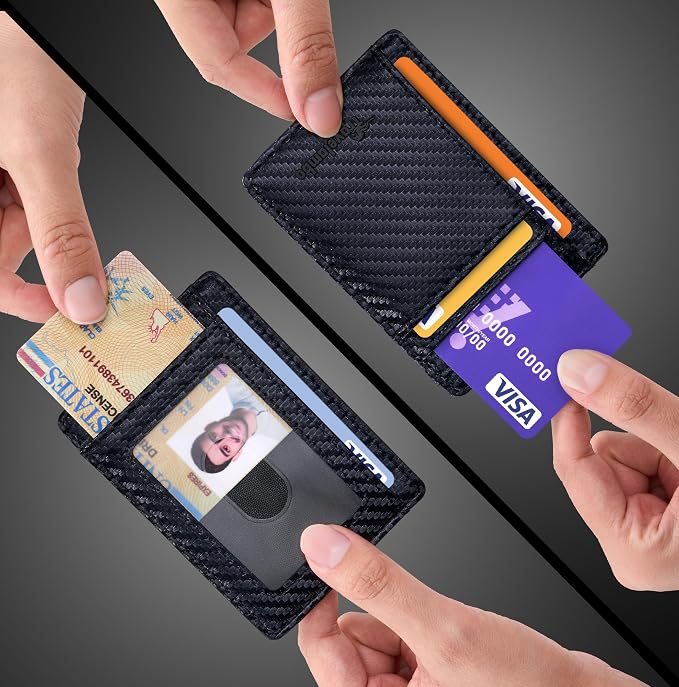 Travelambo Slim Wallet Front Pocket Minimalist Leather RFID Blocking Medium Size (Carbon Fiber Black) - Image 9