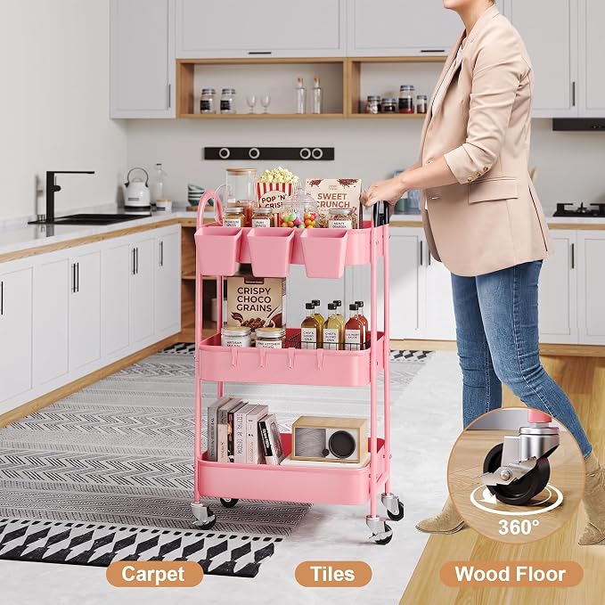 3 Tier Metal Rolling Cart with Lockable Wheels and Handle,Three Tiered Cart | Pink Roller Trolley on Wheels, Utility Storage Organizer for Bathroom, Kitchen, Teachers, Art, Crafts, Baby Diaper,Snack,Nail - Image 3