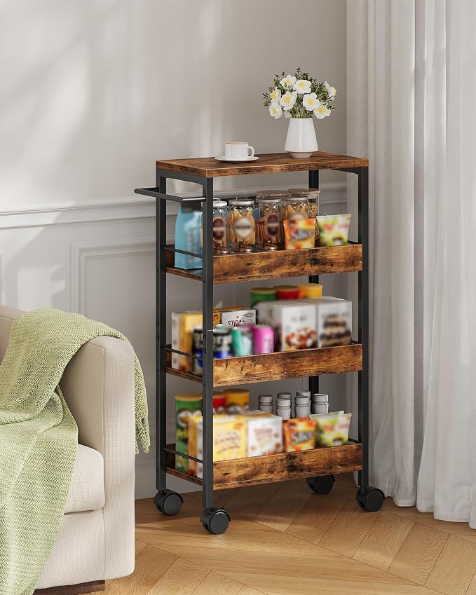 4-Tier Slim Storage Cart, 9.1'' Kitchen Serving Trolley, Slim Rolling Cart with Handle and Guard Rails, Slim Cabinet for Small Spaces, for Dining Room, Rustic Brown and Black TTC03BF - Image 3