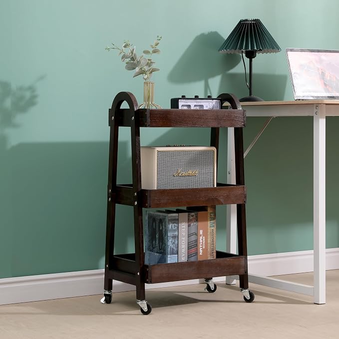 3 Tier Rolling Craft Cart Slim Rolling Storage Cart Wooden Cart on Wheels Bathroom Organizer Rolling Utility Cart Mobile Shelving Unit for Kitchen Bathroom Laundry Narrow Places (Black) - Image 4
