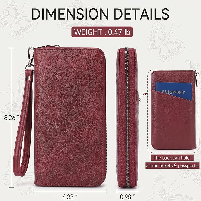 BELTANA Wallet Women RFID Blocking Large Capacity Wristlet Wallets for Women Butterfly Embossed Vegan Leather Clutch Purses with Card & Passport Holder (Red-Butterfly) - Image 3