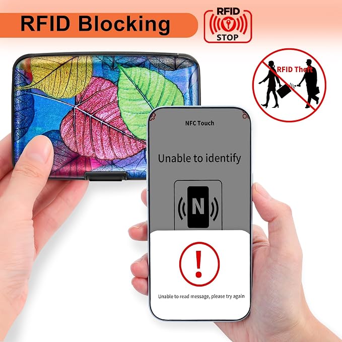 Mayski Credit Card Holder for Women RFID Blocking Wallet, Colorful Leaves | Card Wallets for Women Small Mini Business Metal Accordion Aluminum Alloy Hard Case for Men - Image 2