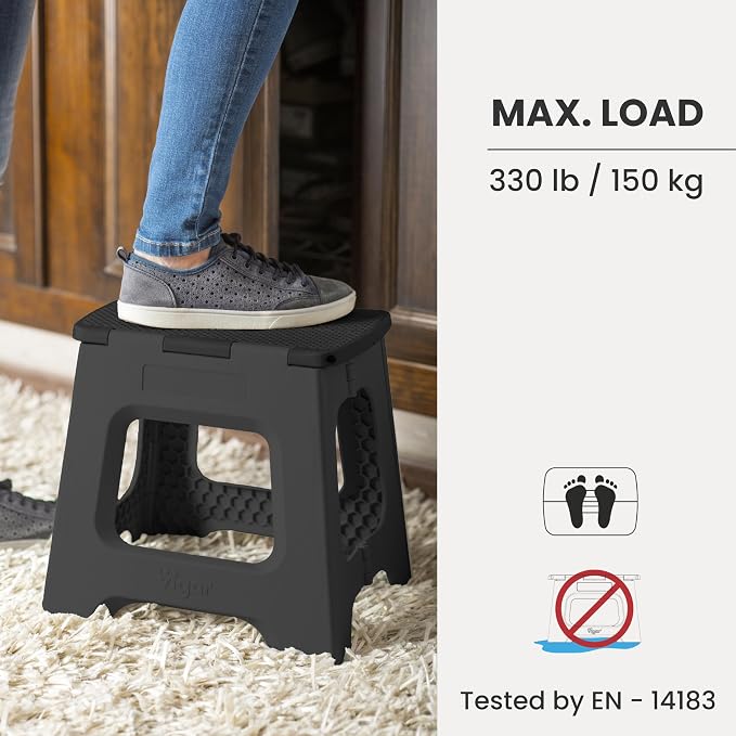 Vigar Compact Folding Step Stool, 9 in, Black, Up to 330 lb | Foldable for Adults, Lightweight Portable Stool, With Handle, Non-Slip Surface, Space-Saving Design for Household Use - Image 5