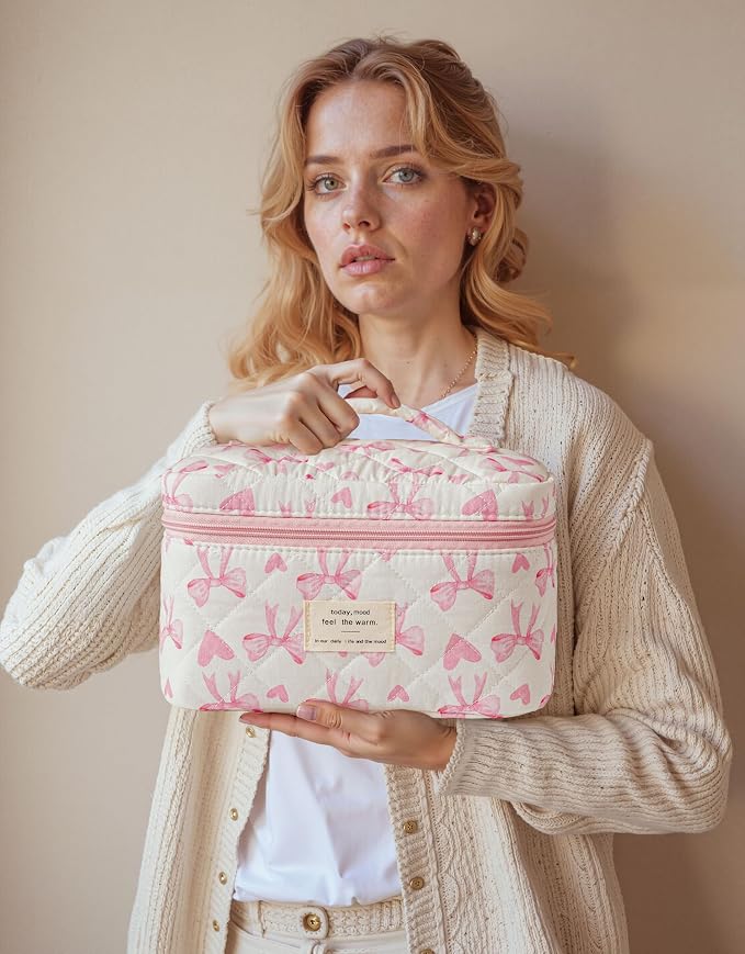 HBselect Quilted Makeup Bag, 3Pcs Cotton Large Travel Makeup Bags Organizer | Cute Floral Make up Bag Cosmetic Bag Toiletry Bag for Women Girls, Makeup Pouch for Skincare, Brushes & Travel Essentials - Image 7