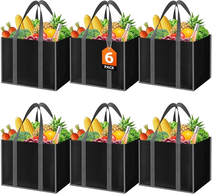 WISELIFE Reusable Grocery Bags, Foldable, Lasting Use, 35L, 6 Pack, Black | Large Shopping Bags with Reinforced Stitching, Water-Resistant Grocery Totes for Kitchen, Market, Car Trunk, Picnic by WiseLife