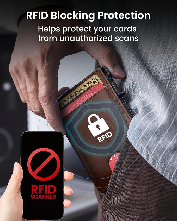 Wallet for Men Card Holder: Pop Up Card Case, Genuine Leather, Smart, RFID Blocking, Slim, Minimalist, Thin, Front Pocket - 12 Card Capacity, ID Window, Money Clip (Brown) - Image 5