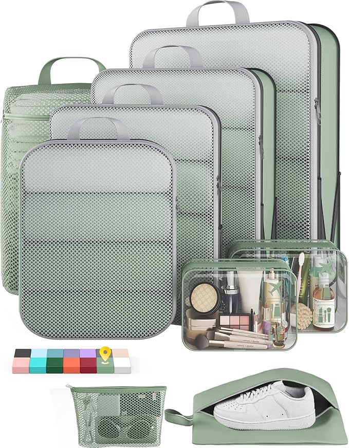 Veken 9/11 Set Compression Packing Cubes Garment Bags for Travel Essentials,Compressible Expandable Luggage Organizer Bags for Clothing,Space Saver Bags with Over 1000 pcs of Mesh Holes(Matcha Green) by Veken