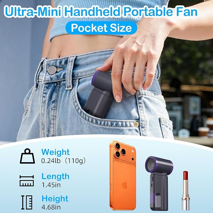 CIVPOWER Portable Mini Fan Handheld: Personal Travel Fan USB Rechargeable - 100 Speed Turbo Fan with LED Display - Pocket Size 8H Max Runtime, Outdoor Sport Hiking Concert Gift for Women Men, Purple - Image 2