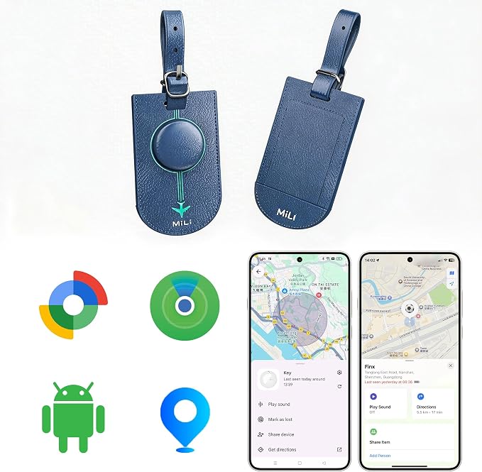MiLi Smart Bluetooth Luggage Tracker Tag for iOS & Android | Works with Apple Find My & Google Find Hub, Anti-Lost Leather Travel Locator for Suitcase, Backpack & Gear, Blue by MiLi