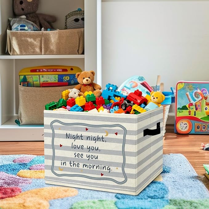 Heartwarming Sweet Night Storage Bins Box with Handles Organizer Basket | calming minimalist foldable basket for organizing, striped collapsible toys clothes for playroom nursery bedroom, 10x14 in - Image 2