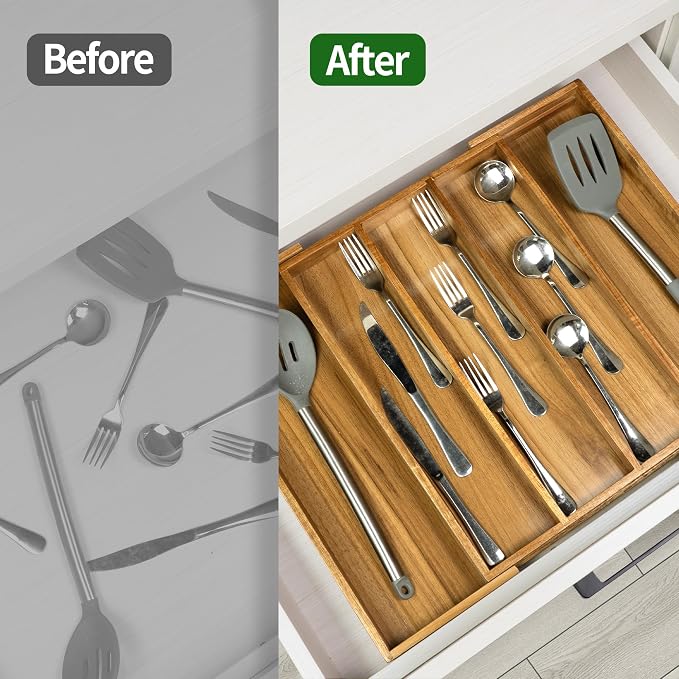 VaeFae Bamboo Drawer Organizer, Large, Acacia | Expandable Silverware Organizer, Kitchen Utensil Storage, Wooden Cutlery Tray with Dividers, Fork and Spoon Holder - Image 4