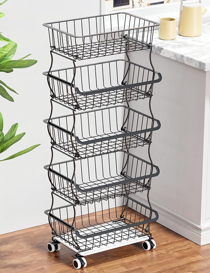 OKZEST 5 Tier Fruit Basket for Kitchen, Stackable Bins Wire Rack with Wheels, Fruit and Vegetable Storage Basket Pantry Food Snack Organizer Shelf, Kitchen Storage Cart for Onion and Potato, Produce | Kitchen pantry organizer rack with dirt catch tray,... - Image 8