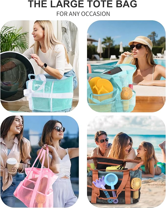 Genteen Beach Bag for Women, Large Waterproof Sandproof Beach Tote with Zipper Pocket, Solid for Travel Pool - Image 2