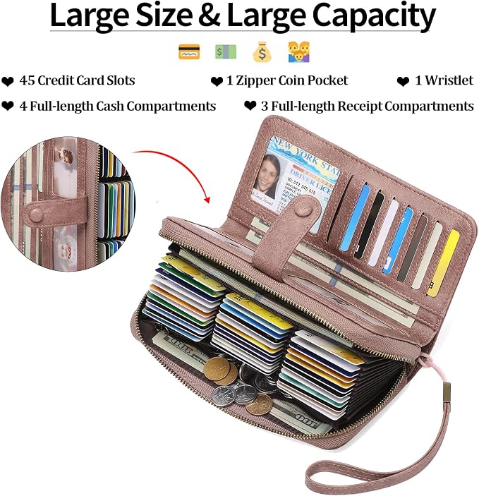 GAEKEAO Leather Credit Card Holder Wallet for Women RFID Blocking Large Capacity Bifold Zipper Card Case Organizer with Wristlet 45 Slots - Image 2