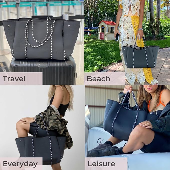 POPUPS Large Neoprene Tote Bag for Women - Everyday Designer Handbag for Travel Work and Beach with Pockets and Zipper Pouch - Image 2