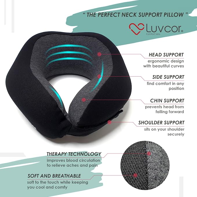 Premium Quality Memory Foam Travel Neck Pillow Bundle - Best Ergonomic Pillow for Airplane Travel, car Ride, Sleeping. Comes with Eye mask, earplugs and Storage Bag.(Stealth Black) - Image 2