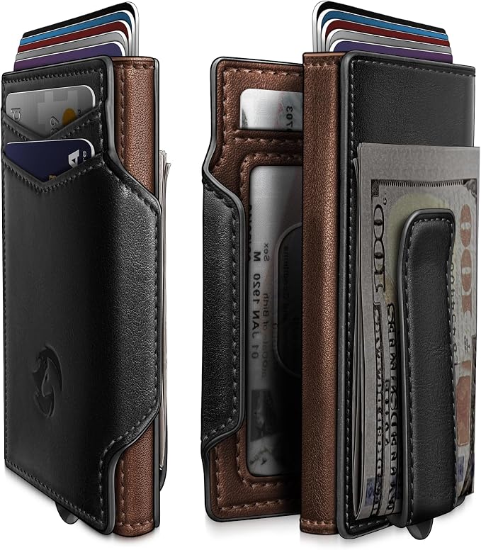 Wallet for Men, Slim Pop Up Card Holder with RFID Blocking, Minimalist Bifold Wallet with 10 Card Slots, 2 ID Window and Money Clip, Metal Flip Case with Magnetic Closure, Gift Box by Housmai
